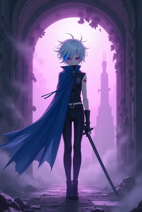 Create a boy with short white hair with cyan blue highlights hairstyle, He lost his left arm and had scars on his right eye in an underground facility exiting a portal into another apocalyptic reality, The boy wears a dark futuristic suit with a blue cape....