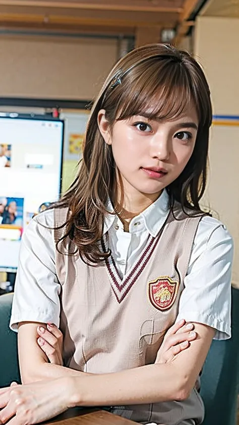 masterpiece, highest quality, high resolution, 1pc hair clip, tokiwadai school uniform photorealistic, sitting