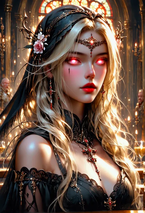 Arafed, dark fantasy art, glamour shot, award winning shot, photorealistic, a portrait of a female vampire drinking a ((glass of blood)), blond hair, dynamic hair style , long hair, red lips, (glowing eyes: 1.5), dynamic eye color, dynamic color, she wears...