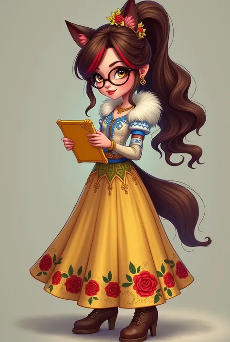 Imagem da filha da Ramona Badwof e da Rosabella Beauty de Ever After High: A long wavy brown ponytail with red streaked bangs, first of all, light brown eyes, brown glasses with a red rose, long white blouse with blue, with red roses on the blouse and slee...