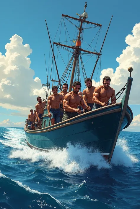 Tuna fishing boat 9 people muscular horizontal illustration