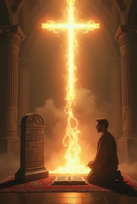 a man kneeling before the bible open on the floor, receiving a light from heaven, in the background on the left a cross, in the background on the right the two stone tablets of the ten commandments, with the fourth commandment shining like flames.