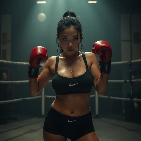 A beautiful korean woman,plump muscular body, wet tied hair , sweaty skin, wear nike sportwear and shorts, huge breasts, sensual expression, wear boxing gloves, fighting pose, in the boxing ring, look at the viewer, cinematic light, realistic photography, ...