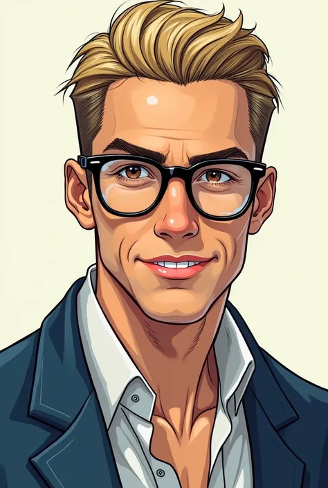 Style manga, homme 38 ans blanc chic, short hair shaved on the sides. Brown eyes, dark blonde hair. Vitiligo on the face, il sourit et ses yeux pétillent. Dressed in a slightly open shirt and a blue jacket. Black rounded square glasses. Hair slicked back 