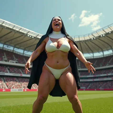 elderly 85yo woman , on the grass of the football stadium, dressed as nun, latex bikiny, horny smile,huge shaggy breast, full nude figure, muscle figure, red octane render, figure lit from the front from my point of view, midday sun, european, side view fr...