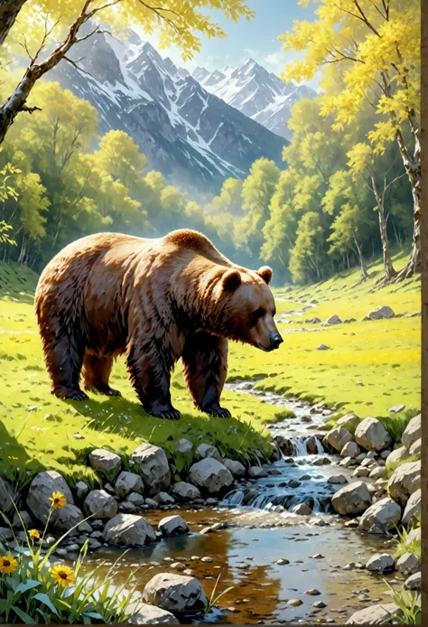 arafed, an oil painting of a brown bear grazing in the meadows near a stream of water, wide shot, high detail, ultra high qualit...