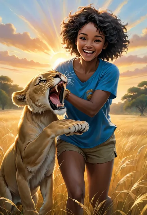 a dynamic, photorealistic image capturing a playful moment. it features a young african woman with short, curly black hair, laug...