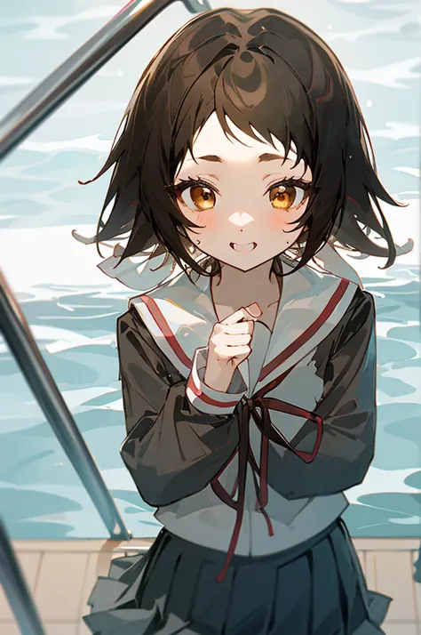 masterpiece, Highest quality, One Girl, Mashiro Mitsumine, (brown eyes:1.5), brown hair, Upper body, Pool、Water Play、seems to be happy、short hair, , Black-haired, Casual clothing, Frills,Top view、grey skirt, long sleeves, neck ribbon, red ribbon, ribbon, s...