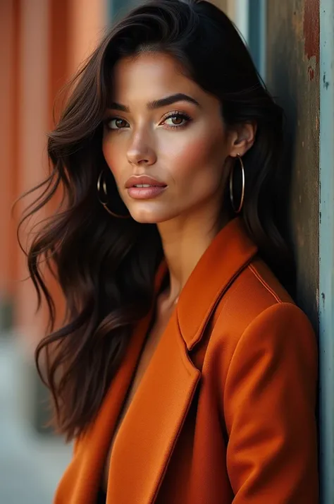 American gorgeous woman, who is a Entrepreneur, she is 2, limestone skin, Dark redish Eyes, Leathrr black Hair, Half body Pose, Poised, Wavy stylish hair, Modern, Different Backgrounds, Different coloured Clothes *THERE SHOULD BE SAME CHARACTER IN EVERY IM...