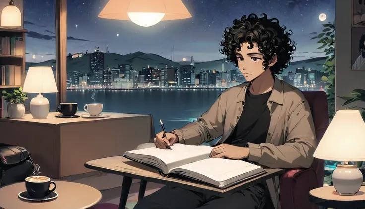 lofi, man, tan skin, black curly hair, comfy, notebook, coffe, night, relax, room, hd, high resolution, masterpiece, 4k,