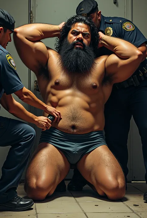 A police officer taking something out of the underwear of a big, strong, hairy, bearded Puerto Rican man, I&#39;m cueca, very hairy, with legs apart from each other, with hands raised above the head.