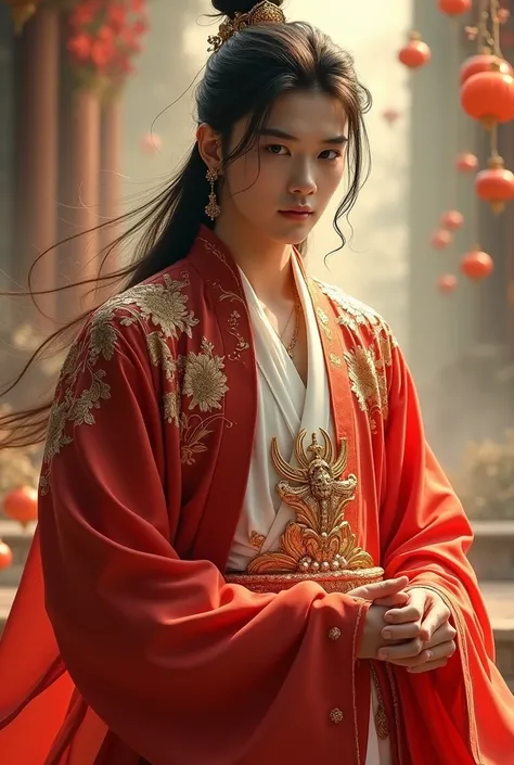 Young man, solo, (((gold and red dress))), flowers, jewelry, long sleeves, wide sleeves, chinese clothes, hanfu, embroidery, long skirt, long flowing hair, detailed face, detailed beautiful eyes, (intricate:1.3), (arcane aura:1.2), (dreamlike:1.3), (subtle...