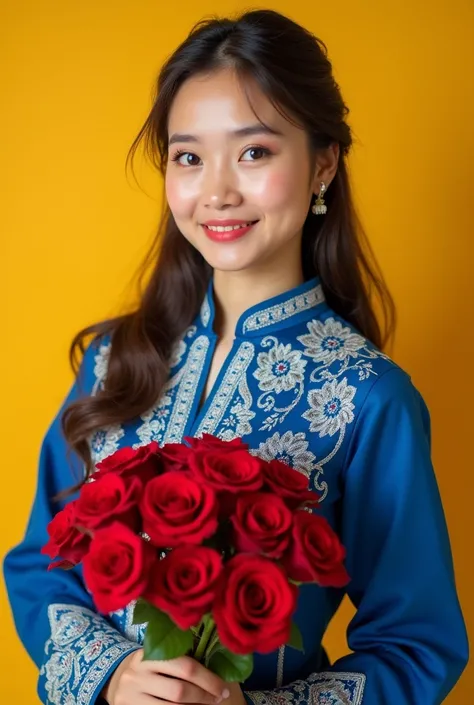 a portrait photo of a 25_year_old woman, light smile, taking red rose flower bouquet in hand, intricate traditional nepali blue clothes, yellow matte background skp