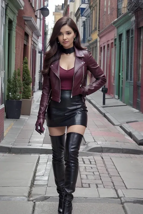 IFOM, In a burgundy leather jacket and a black skirt, gloves, boots, full height, Photo