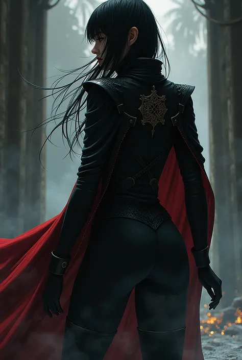 A woman in Bloodborne costume who is taking off her cape, Make it look like a manga and we look her from behind 