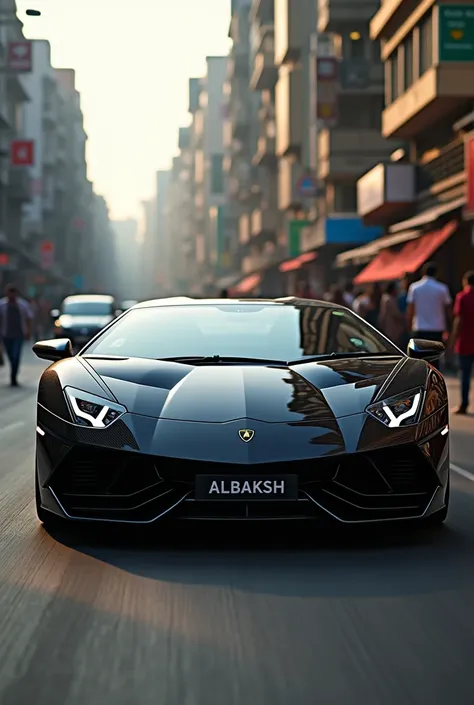 a Lamborghini of full carbon fibre and the colour should be black shining on Mumbai road and write Albaksh on the number plate