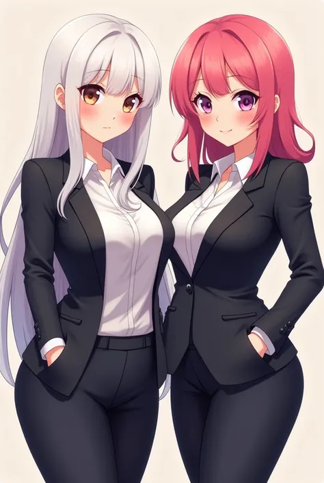 two cute big belly Anime girls in business suits, one with white hair and one with pink hair