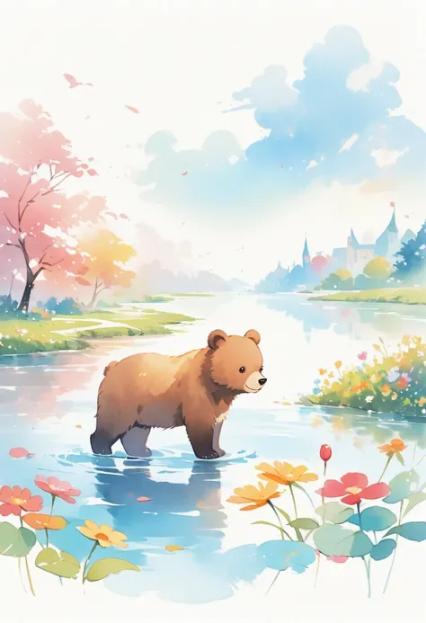 (best quality, high resolution, Watercolor brown bear，river