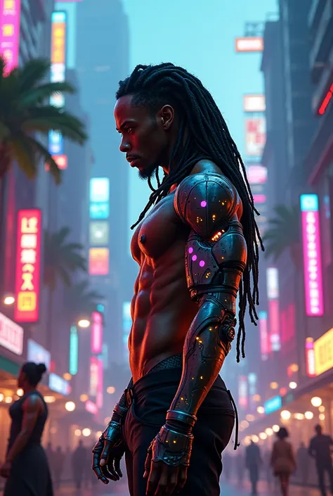 Cyberborg man with dreadlocks in jamaican fantasy neon city