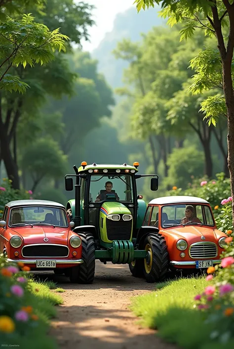 A car, A tractor and a bicycle without characters, Walking side by side, A garden with trees and flowers