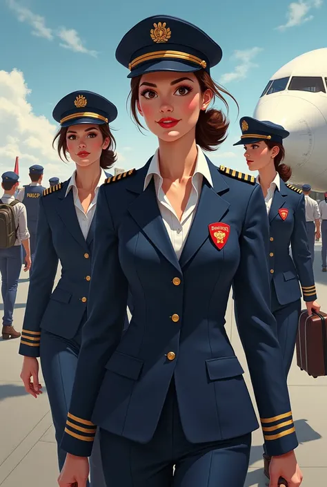 Create pilots and captains who are at the airport and whose uniform has the pumclo brand and a red cat footprint that is more realistic for women
