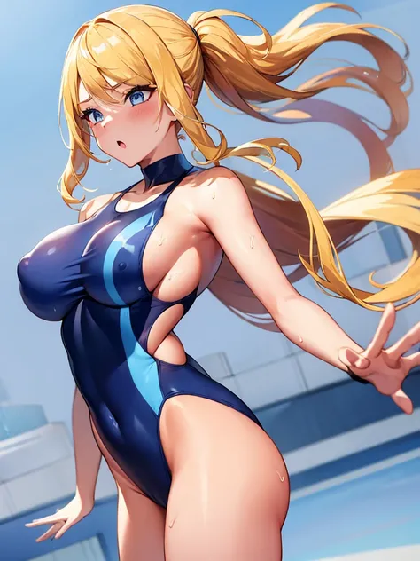  (White background, 1girl:1.4), BREAK,Long blonde ponytail hair, blue eyes,Narrow waist,voluptuous Breasts,(one-piece competitive swimwear,one-piece competition swimsuit:1.6), blush,Open your mouth,(covered nipples:1.2)