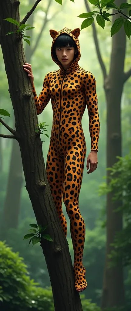 the cute,slender thin and handsome Asian teenager boy with beautiful cheeks wears  leopard print lycra turtleneck unitard catsuit covered with black seamless spots and always wear leopard colour print lycra elastane stretchy dance wear hood covered with le...