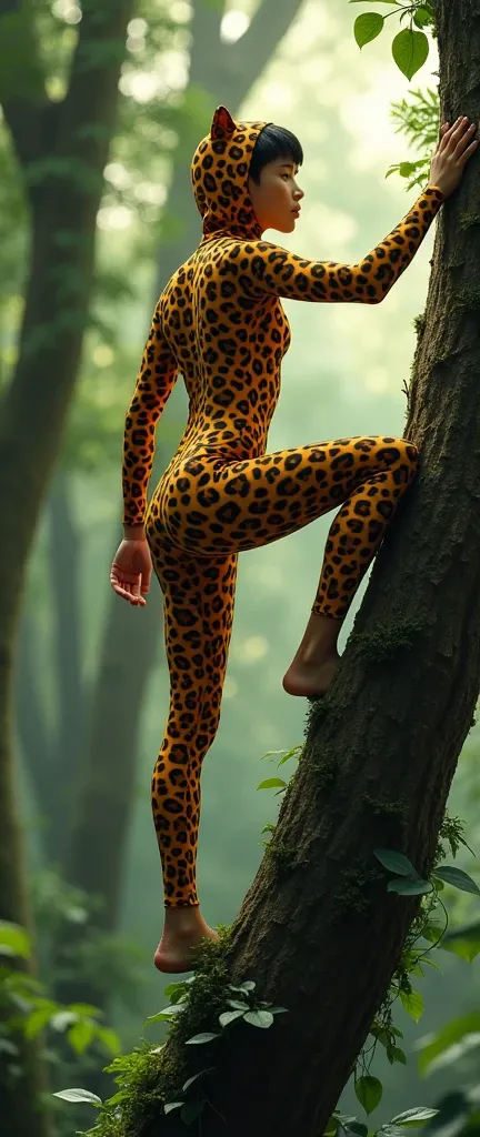 the cute,slender thin and handsome Asian teenager boy with beautiful cheeks wears  leopard print lycra turtleneck unitard catsuit covered with black seamless spots and always wear leopard colour print lycra elastane stretchy dance wear hood covered with le...