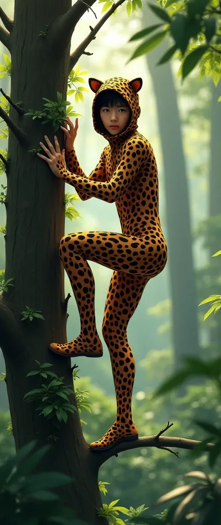 the cute,slender thin and handsome Asian teenager boy with beautiful cheeks wears  leopard print lycra turtleneck unitard catsuit covered with black seamless spots and always wear leopard colour print lycra elastane stretchy dance wear hood covered with le...