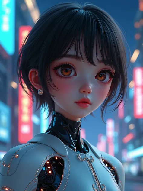 A pretty girl, 2, wearing beautiful fashionable casual clothes, short brown hair, pretty eyes, pretty lips, sparkling jewelries, half robot, night version , fantasy, vibrant colors, futuristic,