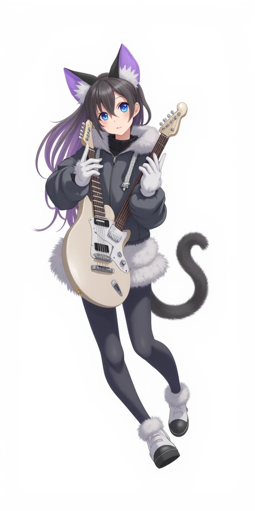 anime girl with a guitar and a cat costume, (ponytail forehead hair pulled back:1.3), (black hair:1.3), 1girl, solo, long hair, blue eyes, simple background, black hair, gloves, white background, holding, animal ears, closed mouth, jacket, tail, full body,...