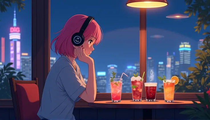 Ghibli-style anime scene,Asian woman with pink hair wearing headphones in a cafe at night,A table with drinks,Neon Black,Highest quality,Model shooting style