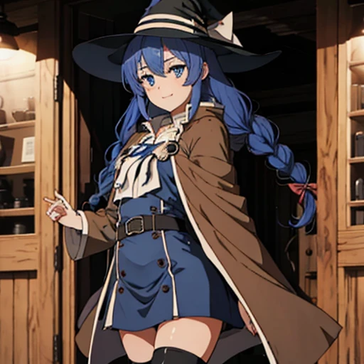 nsfw 1 girls, Roxy Migurdia, Witch Hat, Blue eyes, Blue hair, Twin braids, Twin-tailed, (Brown coat:1.1), Cape, robe, braided ponytails, knee boots, Witch, Holding, , Black socks, Hair Ribbon, bow ribbon, Looking at Viewer, sox, Smile, Closed mouth, plein ...