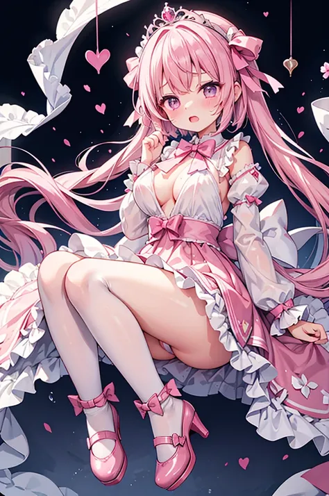 Highest quality、Shiny silk pink princess dress with lots of ribbons、Micro Mini Skirt、Large diamond accessories、Large two-tone double bow tie、White collar、White over-the-knee socks、Lace Stall、Pink high heels with ribbon、Flushed Cheeks、Embarrassed look、panic...