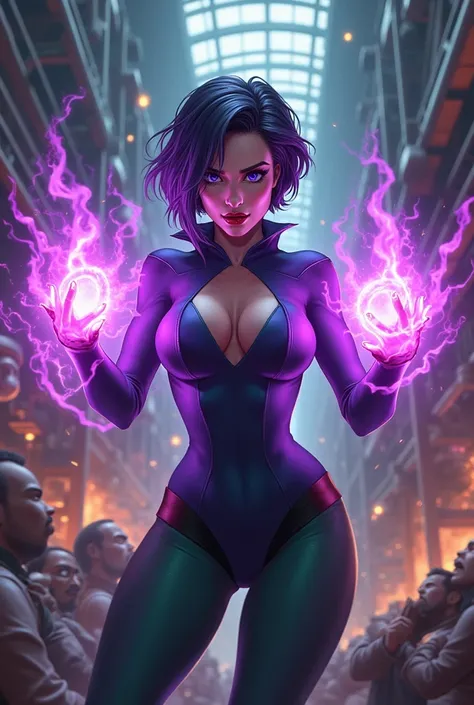 Dark purple short cropped haired villainess with magnetic powers, wearing a skintight purple and green costume and destroying a factory. Blue eyes, glossy red lips. Evil smirk. Purple magnetic energies swirl around her hands and create a protective aura ar...