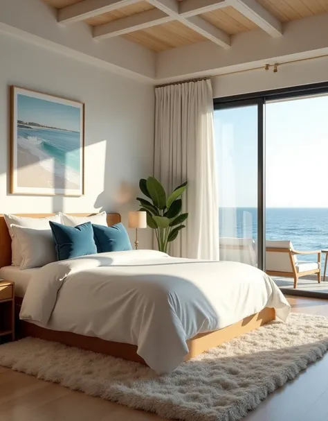 A luxurious bedroom interior in a modern beachside home, featuring a king-sized bed with white linens and soft blue throw pillows, a natural wood headboard, and a cozy rug. Large sliding glass doors open to a private balcony with ocean views. The room is b...