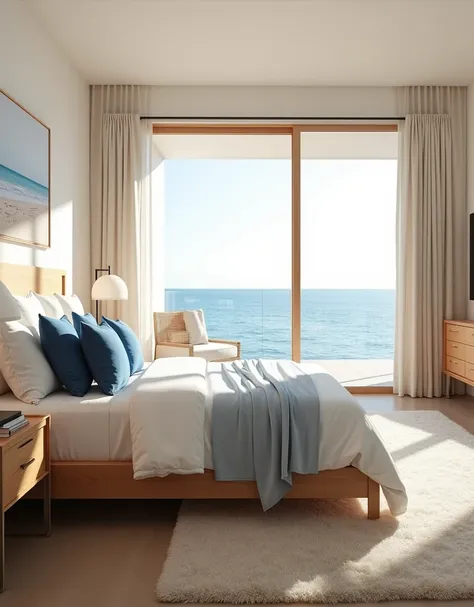 A luxurious bedroom interior in a modern beachside home, featuring a king-sized bed with white linens and soft blue throw pillows, a natural wood headboard, and a cozy rug. Large sliding glass doors open to a private balcony with ocean views. The room is b...