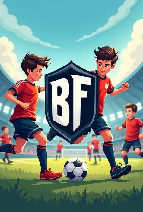 A logo of a football club name BFC. and also boys playing football in background of the logo
