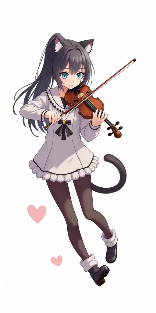 anime girl with iwith cat costume, (ponytail forehead hair pulled back:1.3), (black hair:1.3), 1girl, solo, long hair, blue eyes, simple background, black hair, gloves, white background, holding, animal ears, closed mouth, jacket, tail, full body, grey hai...