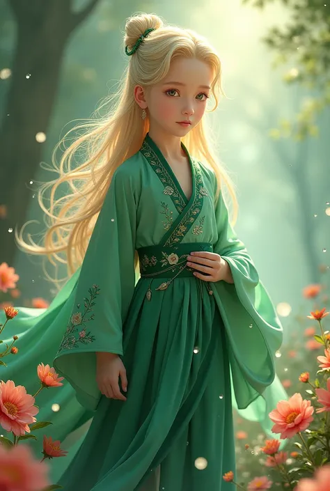 Boy, solo, (((green dress))), flowers, jewelry, long sleeves, wide sleeves, chinese clothes, hanfu, embroidery, long skirt, long flowing blond hair, detailed face, detailed beautiful eyes, (intricate:1.3), (arcane aura:1.2), (dreamlike:1.3), (subtle mist:1...