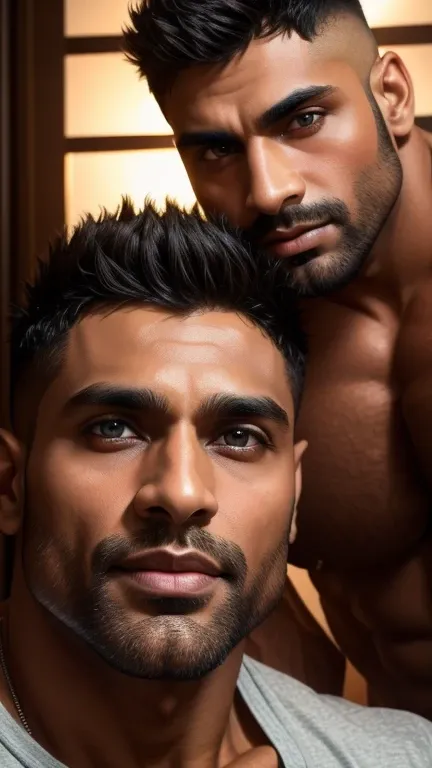 Gay couple scenes collage, Pehlwan man Indian Gurjar 40 years old man, big shinning eyes big lips wide jawline beautiful hunk face spiky black hairstyle, oiled body, pleasing, hd, hdr, D750F nikon, Cinematic 