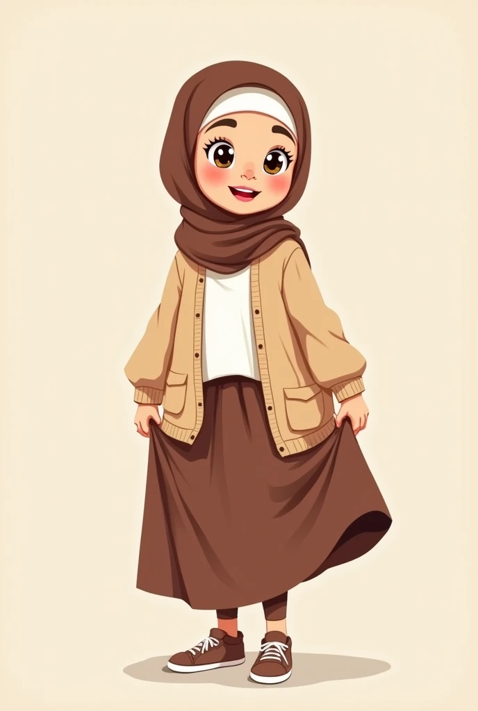 Cartoon with text: 
Cute little cartoon girl, with brown hijab on, wearing oversized beige cardigan, white shirt, brown skirt, brown socks, sneakers, pulling up her skirt, upskirt, exposed legs, white underwear 