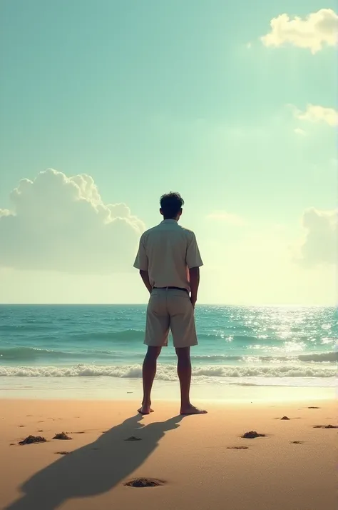 Man on the beach with his back looking at the sea
