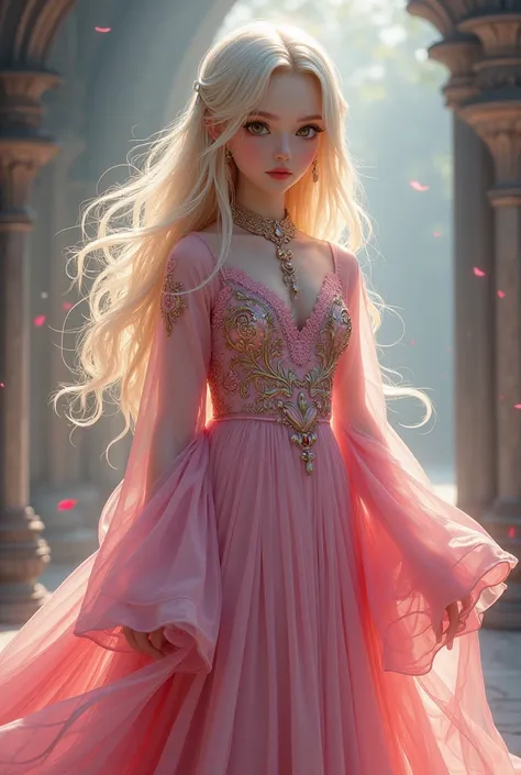 Boy, solo, ((( pink dress))), flowers, jewelry, long sleeves, wide sleeves, chinese clothes, hanfu, embroidery, long skirt, long flowing blond hair, detailed face, detailed beautiful eyes, (intricate:1.3), (arcane aura:1.2), (dreamlike:1.3), (subtle mist:1...