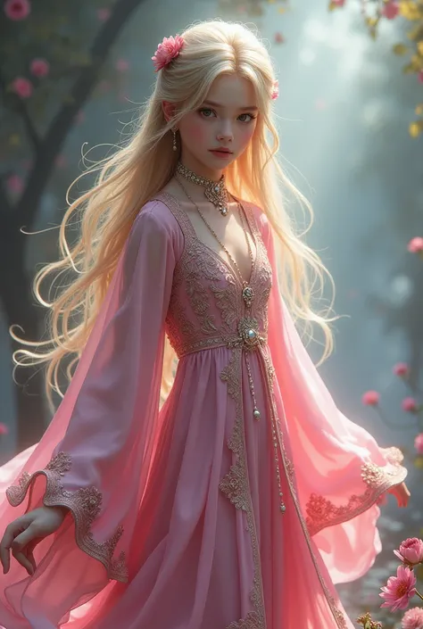 Boy, solo, ((( pink dress))), flowers, jewelry, long sleeves, wide sleeves, chinese clothes, hanfu, embroidery, long skirt, long flowing blond hair, detailed face, detailed beautiful eyes, (intricate:1.3), (arcane aura:1.2), (dreamlike:1.3), (subtle mist:1...