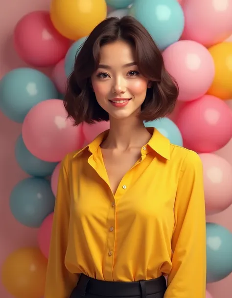 Realistic, beautiful senior 55 years woman short bob dark brown hair, thin smile, wearing yellow shirt and black pants, balloons on the background, birthday party atmosphere 