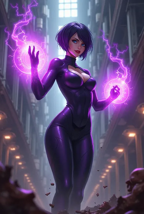 Dark purple short cropped haired villainess with magnetic powers, wearing a skintight purple and green costume and destroying a factory. Blue eyes, glossy red lips. Evil smirk. Purple magnetic energies swirl around her hands and create a protective aura ar...