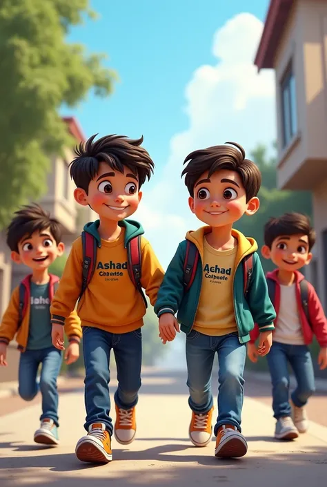 Two boys whose names are Ashad and Azhar and their name are written on their dress
going to school with his four boy friends