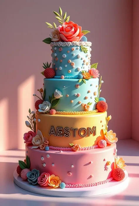 Photorealistic. Colourful 10 years anniversary cake and printed the "AESTOM" on the cake