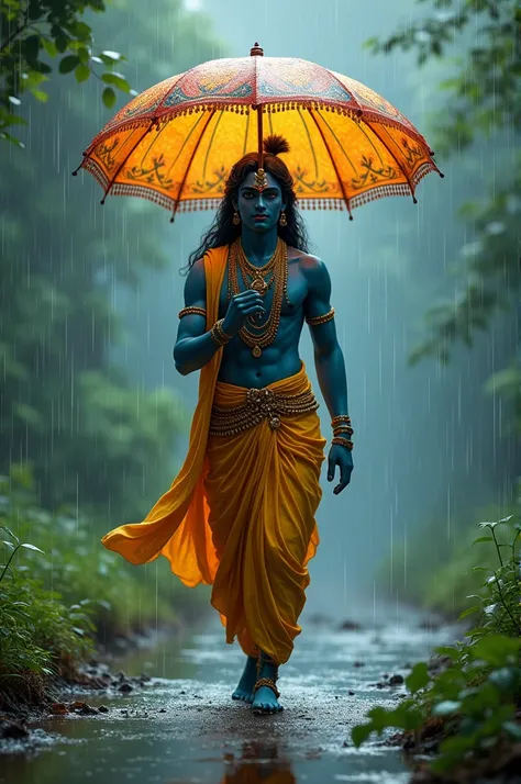 Shri krishna walking in rain with umbrella 